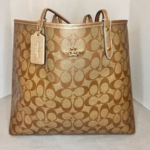 Coach Reversible City Tote Signature Khaki Rose Gold‎ luxury